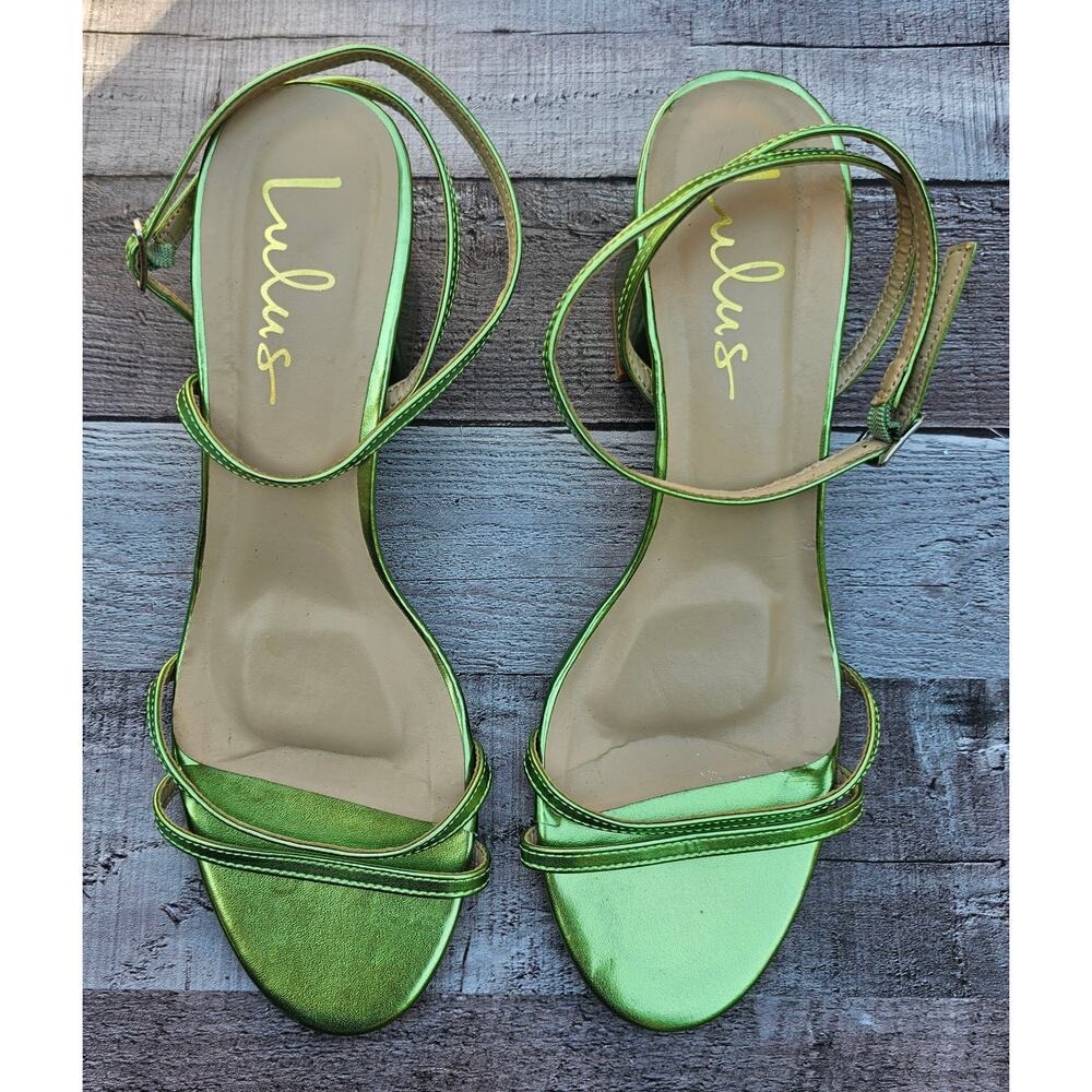 LULUS GREEN Metalic Leather Shiny Strappy Chunky Heels Shoes Women's size 8.5 - Picture 4 of 7